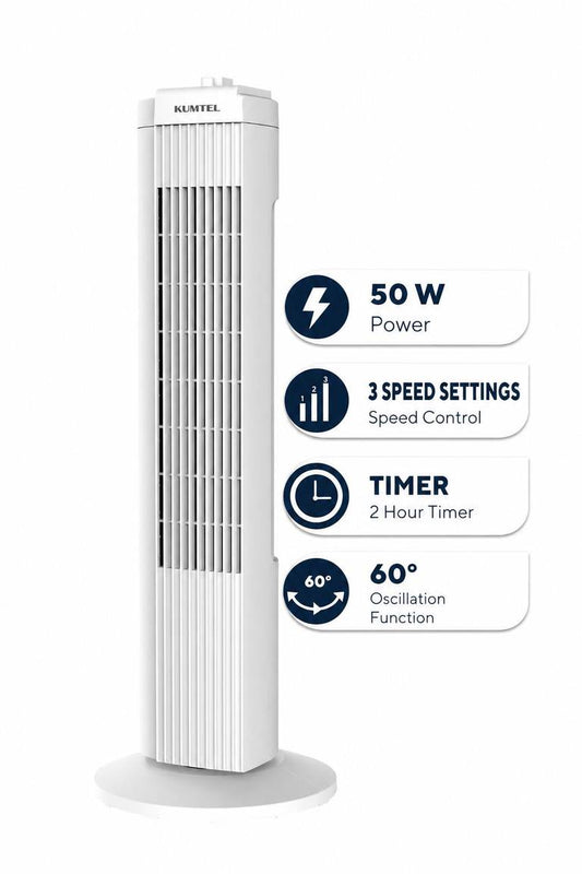 Kumtel KTF-258 Tower Fan | 50W | 3 Speeds | 60° Oscillation | 2-Hour Timer | Quiet Cooling Fan for Home & Office