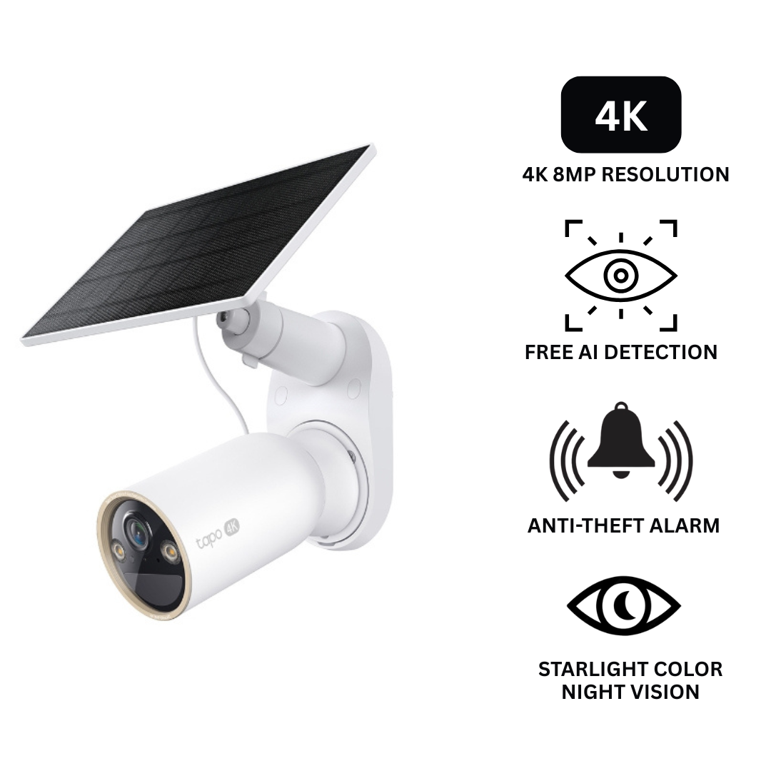 A white solar-powered security camera with a black solar panel on a white background, accompanied by black text icons and labels highlighting features like 4K resolution, free AI detection, anti-theft alarm, and starlight color night vision.