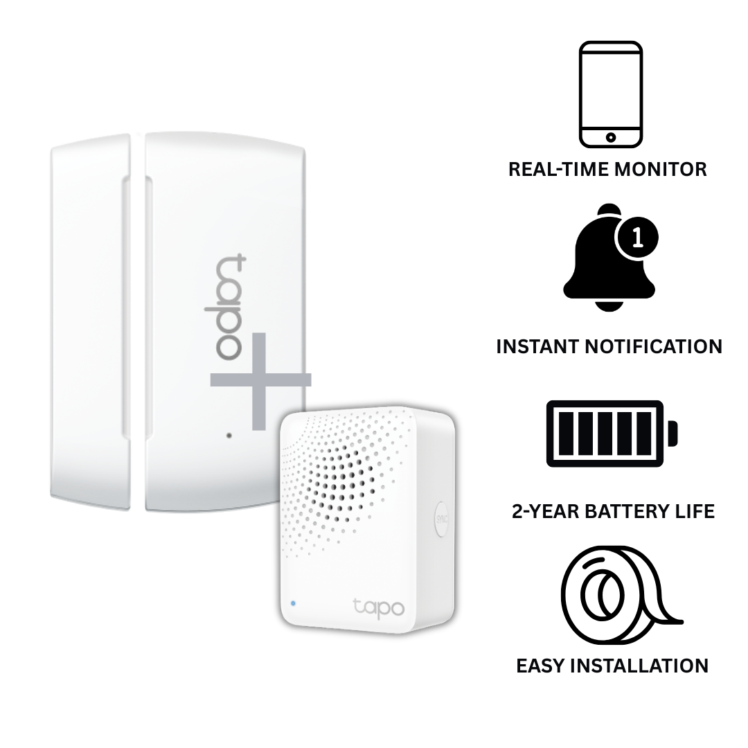 Tapo Smart Door Sensor + Hub Kit — Wireless Home Security System with Chime, Real-Time Alerts, 64-Device Smart Home Hub, Matter & Alexa Compatible