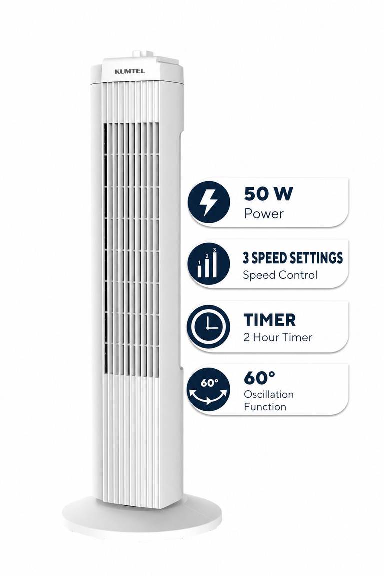 Kumtel KTF-258 Tower Fan | 50W | 3 Speeds | 60° Oscillation | 2-Hour Timer | Quiet Cooling Fan for Home & Office